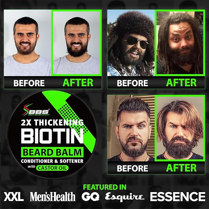 Beard Growth Kit w/ 2X Thickening Biotin Beard Balm for Men & Mustache Wax + GROW Maximum Strength Biotin 11-in-1 Hair Growth Shampoo and Conditioner for Men - Formulated in the USA