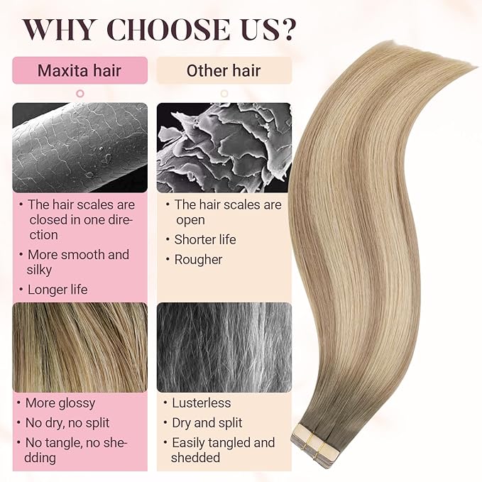 MAXITA Seamless Tape in Hair Extensions Human Hair, 100% Human Tape in Hair Extensions Light Ash Brown to Dirty Brown and Sun Blonde 16 Inch 50g 20pcs,Invisible Seamless Remy Tape for Extensions
