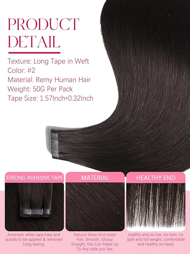 Lacer 16 inch One Piece Tape in Hair Extensions Long Tape in Darkest Brown Human Tape ins Extensions Invisible Silky Straight Hair Extensions Real Human Hair 50G 31.5" (80cm)