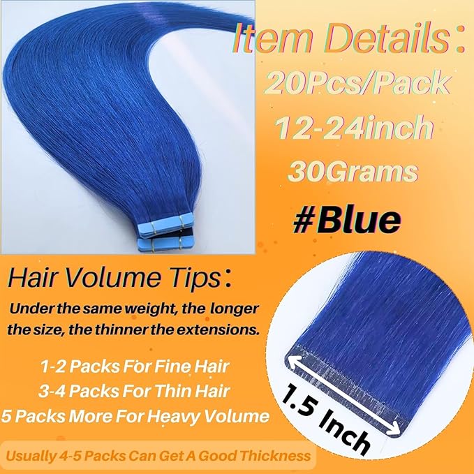 Blue Tape in Hair Extensions Human Hair 20 Inch Colored Invisible Tape in Soft And Silky Human Hair Extensions