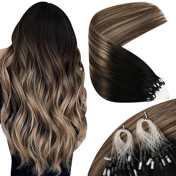 Sunny Hair Micro Link Hair Extensions Human Hair 24inch Microbead Hair Extensions Black Balayage Dark Brown Ombre Medium Ash Blonde Micro Hair Extensions Real Human Hair Long-Lasting Beauty 50g