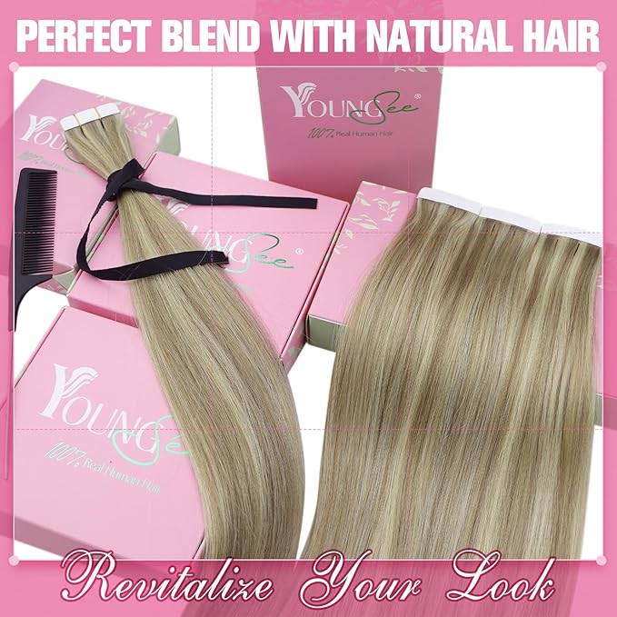 YoungSee Tape in Hair Extensions Real Human Hair Blonde Highlight Tape ins Human Hair Extensions Golden Blonde Highlights Human Hair Tape in Extensions 20 Inches 20pcs 50g Invisible Hair Extensions