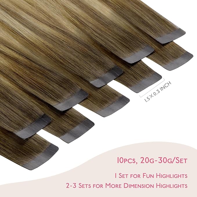 WENNALIFE Tape in Hair Extensions Human Hair Ombre Walnut Brown to Ash Brown and Bleach Blonde Tape in Extensions, 10pcs 20g 10 inch Remy Invisible Tape Ins Straight Real Human Hair Tape in Extensions