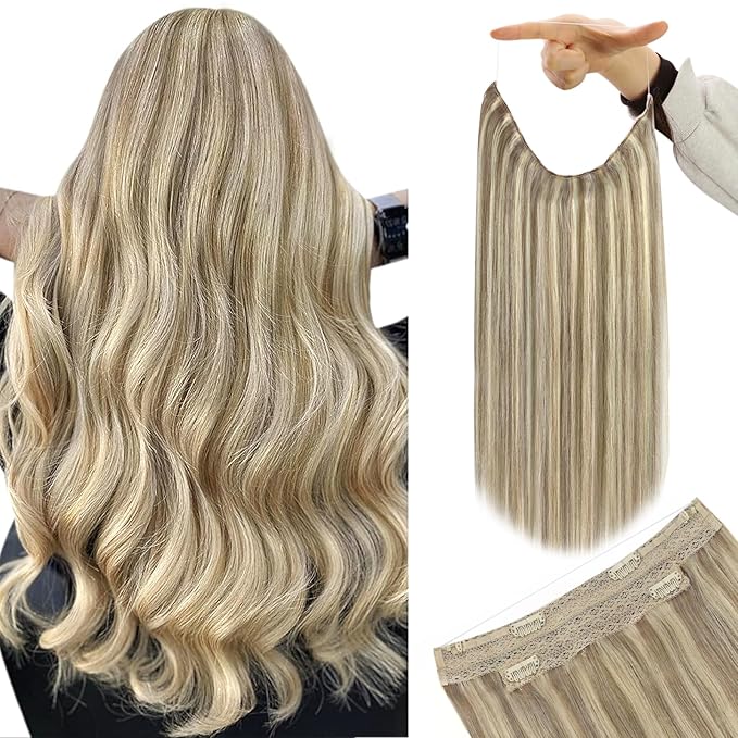 YoungSee 120G 16Inch Wire Hair Extensions Highlight Wire Extensions Human Hair Light Brown Highlight Platinum Blonde Fish Line Human Hair Extensions Straight Human Hair Extensions for Thinning Hair