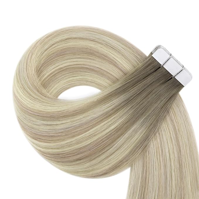 YoungSee Tape on Hair Extensions Balayage Ash Blonde Ombre Platinum Blonde Tape in Hair Extensions Real Human Hair Balayage Tape Real Hair Extensions Balayage Tape in Hair Extensions 18In 50g 20pcs