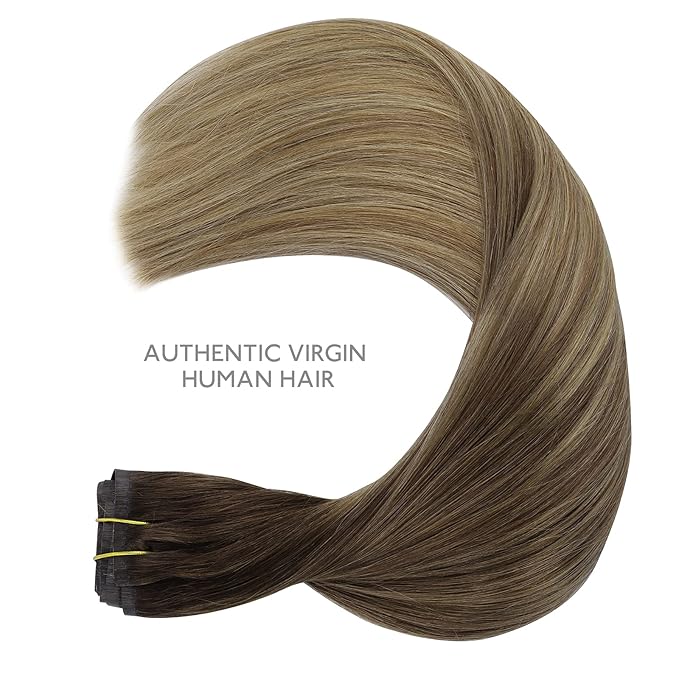WENNALIFE Seamless Clip In Hair Extensions, 16 Inch 7pcs 130g Ombre Walnut Brown to Ash Brown and Bleach Blonde, Invisible PU Weft Natural Real Human Hair Extensions