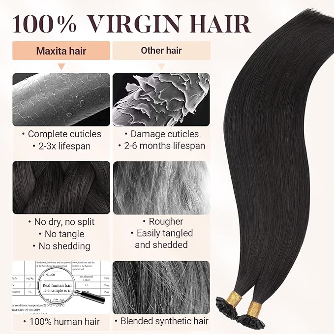 MAXITA U Tip Hair Extensions Human Hair, Natural Black Hair Extensions Real Human Hair, 50g/50 Strands/Pack, 24 In Virgin Human Hair