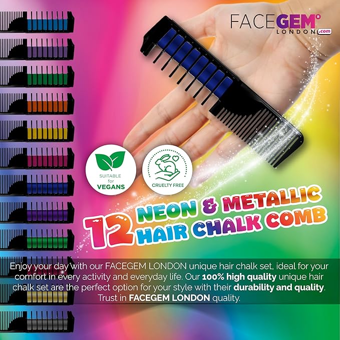 12 Hair chalks comb, 12 NEON & METALLIC hair chalk, Non-Toxic Easy Washable Hair Dye Colourful, METALLIC & NEON hair chalk -Perfect for Festivals, Halloween, Party, hair chalks for girls