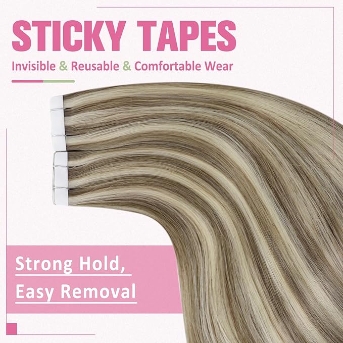 YoungSee Tape in Extensions Human Hair Highlight Brown Tape Hair Extensions Real Human Hair Light Brown Highlight Blonde Tapein Hair Extensions Real Human Hair Remy Silky Straight 16 Inch 20pcs 50g
