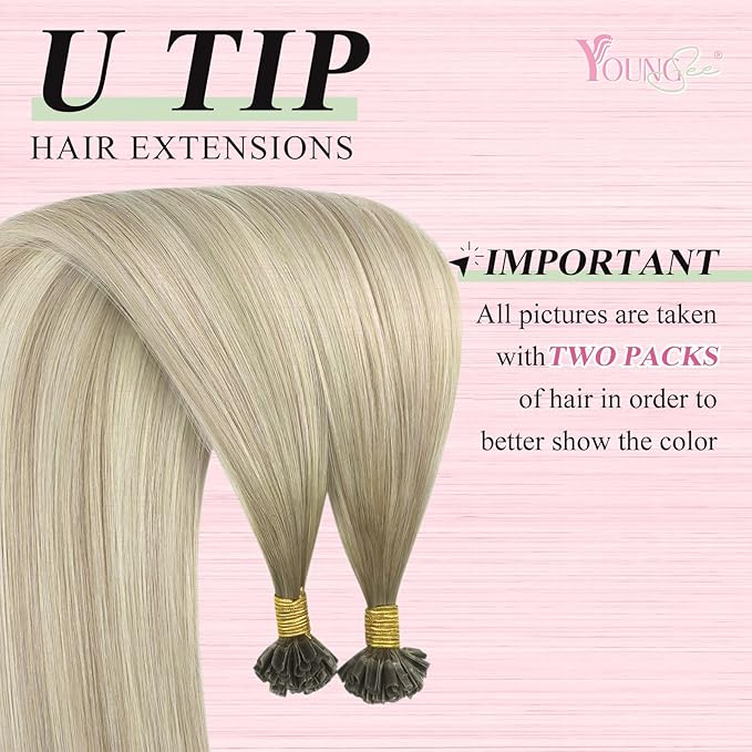 YoungSee U Tip Hair Extensions Human Hair Ombre Blonde Keratin Extensions Ombre Ash Blonde to Platinum Blonde U Tip Real Hair Extensions 24In Hot Fusion Hair Extensions Balayage for Long Hair 50s/50g