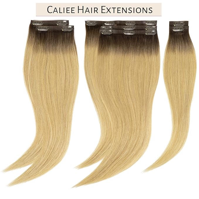 Caliee 16Inch Balayage Clip in Hair Extensions Real Human Hair R4/18 Ash Blonde With Medium Brown Roots 7Pcs PU Clip in Human Hair Extensions 110G Silky Soft Natural Remy Hair for Women
