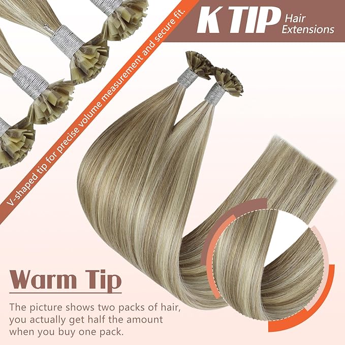 Sunny Hair K Tip Hair Extensions Real Human Hair 18inch Ktip Hair Extensions Human Hair Light Brown Highlights Blonde Keratin Extensions for Women 50g