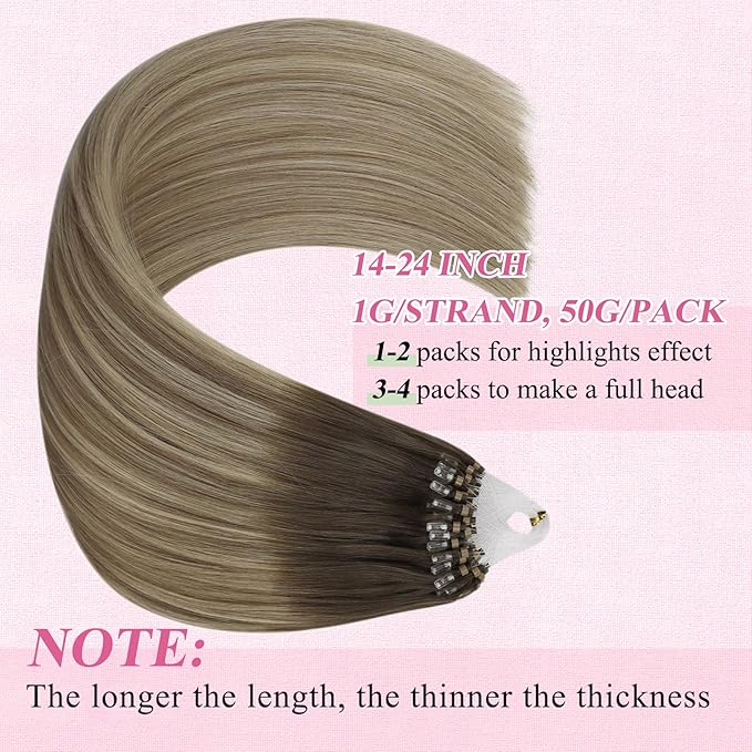 YoungSee Micro Hair Extensions Human Hair Balayage Microlink Hair Extensions Dark Brown Ombre Blonde with Brown Bead Hair Extensions Human Hair Silky Straight for School 18 Inch 1g/s 50g