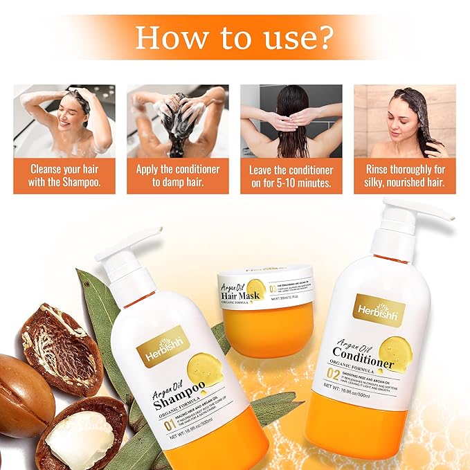 Herbishh Moroccan Argan Oil Shampoo and Conditioner Set with Hair Mask, Moisturizing & Deep Cleansing Kit For Dry, Damaged, Frizzy Hair, Color Safe & UV Protection 16.9fl.oz + 16.9fl.oz + 10.1 fl.oz