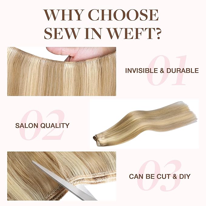 GOO GOO Sew in Hair Extensions Real Human Hair, Weft Hair Extensions Human Hair, 16/22 Light Blonde Highlighted Golden Blonde 18inch 100g, Weft Bundles Straight Silky Remy Hair