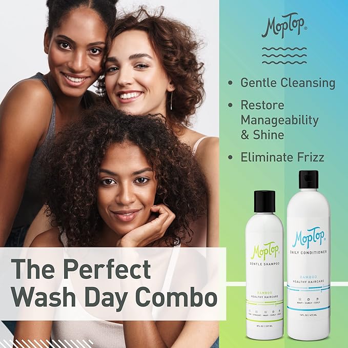 MopTop Gentle Shampoo (8oz) + Daily Conditioner (16oz) for Wavy, Curly, and Coily Hair, Color Safe, Moisturizing Hair Care Set