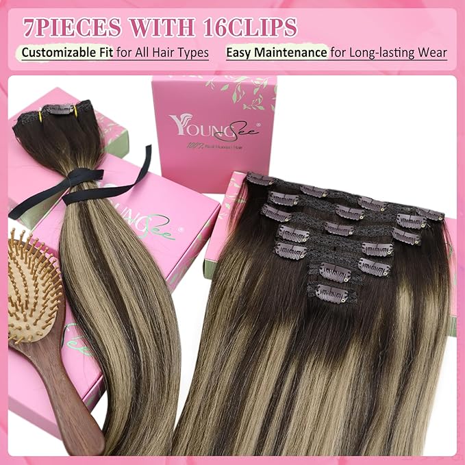 YoungSee 150G Clip in Hair Extensions Real Human Hair Brown Balayage Hair Extensions Clip ins Chocolate Brown with Ash Blonde Balayage Silky Clip on Hair Extensions Human Hair 24inch 7pcs