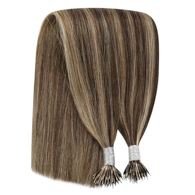 YoungSee Nano Hair Extensions Real Human Hair Brown Nano Beads Hair Extensions Human Hair Dark Brown Highlight Caramel Blonde for Long Hair Silky Straight Natural Looking 24in 50s 50g