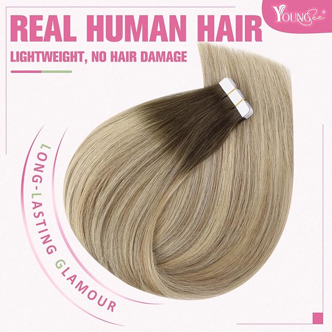 YoungSee Human Hair Tape in Extensions Balayage Brown Tape in Hair Extensions Real Human Hair Brown Ombre Blonde with Medium Brown Tape Human Hair Extensions Silky Straight 20 Inch 20pcs 50g