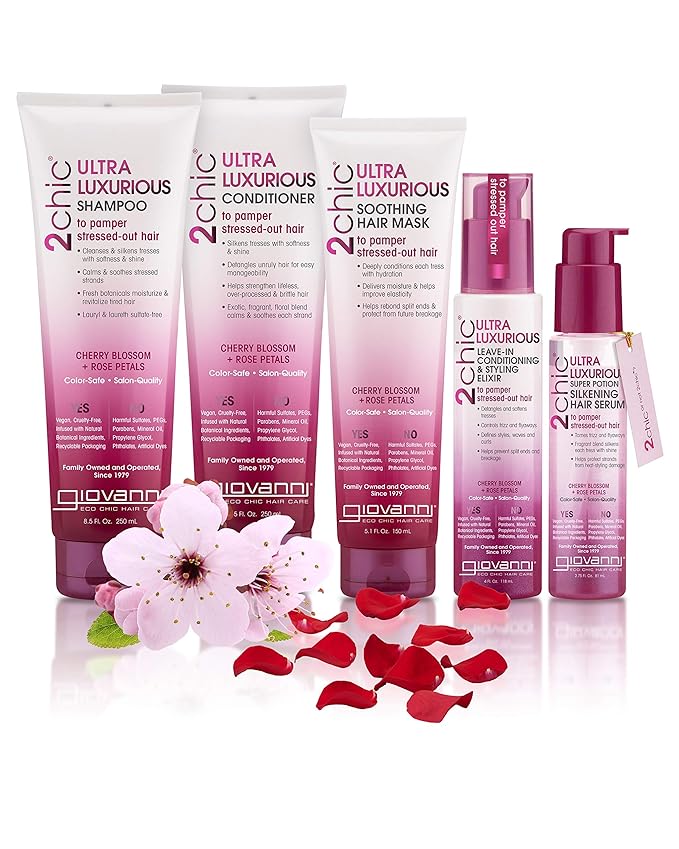 GIOVANNI 2chic Ultra-Luxurious Leave-In Conditioning & Styling Elixir - Smoothing Hair Cream for Curly & Wavy Hair, Enriched with Aloe Vera, Paraben Free, Color Safe - Cherry Blossom & Rose Petal, 4oz