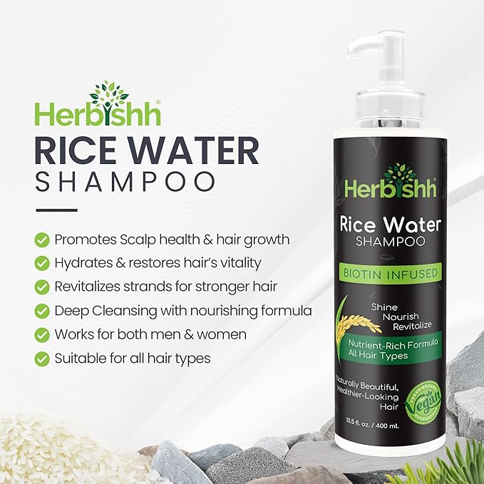 Herbishh Rice Water Hair Growth Shampoo - 400ml with Power of Castor Oil, Argan & Coconut Oil & Biotin | All Hair Type | Hair regrowth for Thinning Hair, Moisturizing & Volumizing | Silicone Free