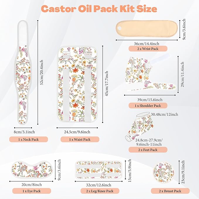 12 Pcs Castor Oil Pack Wrap, Reusable Castor Oil Pack Kit Organic Cotton for Shoulder Hands Neck Waist Chest Knees and Feet, Adjustable Compress Pads for Entire Body, Anti Oil Leak(White)