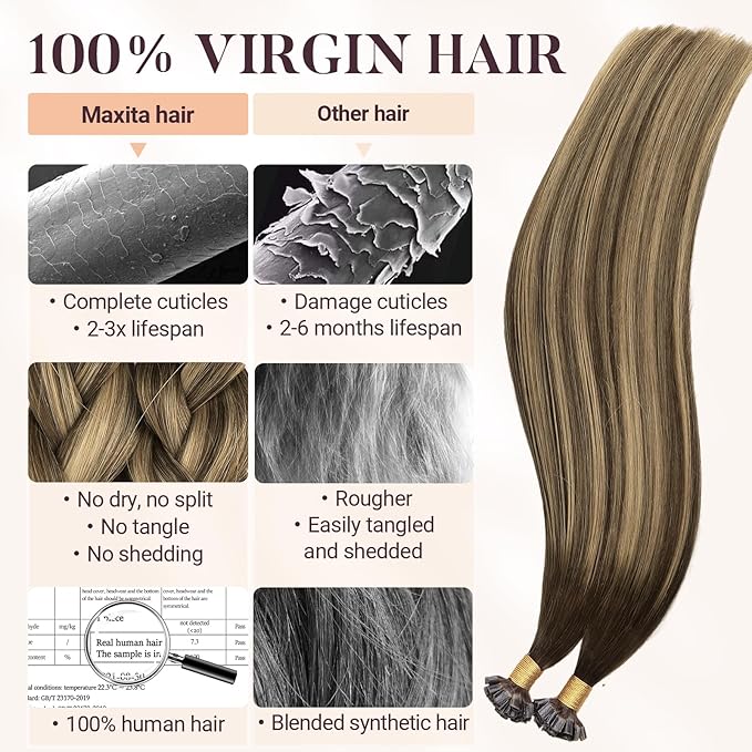 MAXITA U Tip Hair Extensions Human Hair, Balayage Chocolate Brown to Caramel Blonde Virgin Human Hair Extensions Real Human Hair, 50g/50 Strands/Pack, 14 In
