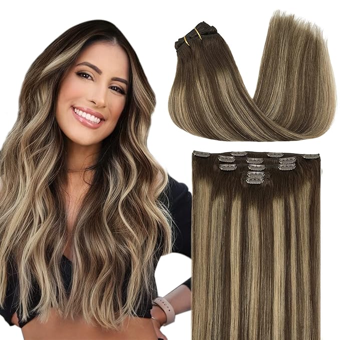 DOORES Clip in Hair Extensions Human Hair, 5pcs 75g Balayage Chocolate Brown to Honey Blonde 14 Inch Real Human Hair Extensions Clip in Remy Hair Extensions Silky Straight