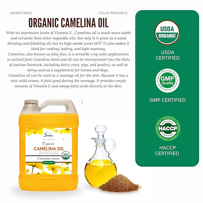 100% Pure Extra Virgin USDA Organic Unrefined Cold Pressed Camelina Seed Oil 1 Gallon (128 FL.OZ)