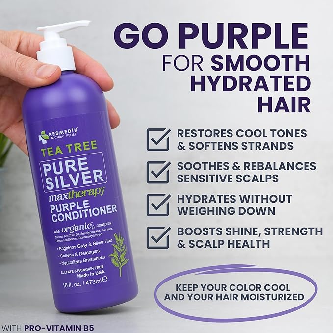 Tea Tree Purple Conditioner, Anti-Brass Toner for Blonde, Silver & Gray Hair, Softens, Repairs Damaged Hair & Salon-Grade Hair Toner Conditioner, 16 fl oz