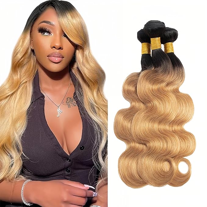 30 32 34 Inch Ombre Human Hair Bundles 1B27 Body Wave Bundles Niegmeag Virgin Soft and Silky Remy Hair Extensions Double Weft Honey Blonde Bundle Hair Weave
