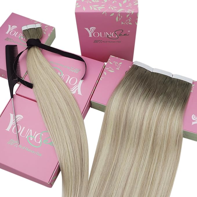 YoungSee Tape on Hair Extensions Balayage Ash Blonde Ombre Platinum Blonde Tape in Hair Extensions Real Human Hair Balayage Tape Real Hair Extensions Balayage Tape in Hair Extensions 18In 50g 20pcs