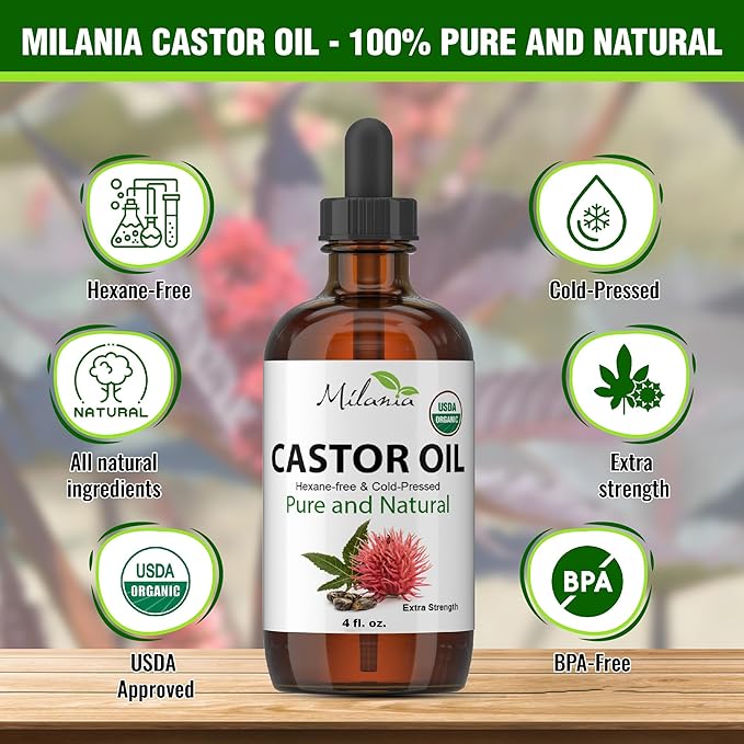MILANIA Organic Castor Oil - Glass Bottle - Cold Pressed & Hexane-Free (4 fl. oz.)
