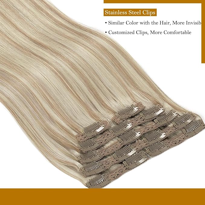 Loxxy Long Clip in Hair Extensions Human Hair Thick Ash Blonde Highlight Natural Silky Light Golden Blonde Extensions Clip ins 22inch 7pcs 140g