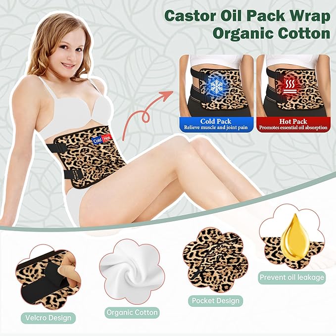 Castor Oil Pack Wrap for Stomach, Castor Oil Packs for Waist, Reusable Castor Oil Pack Kit Organic Cotton Adjustable Castor Oil Wrap Compress Pads for Entire Body, Machine Washable Anti Oil Leak