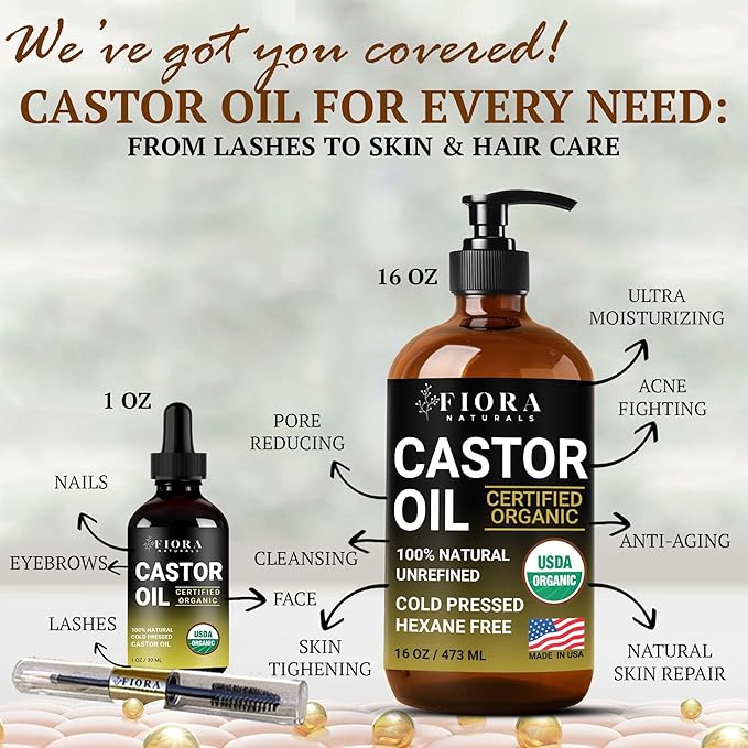 Castor Oil Organic Cold Pressed Unrefined Glass Bottle | For Hair Growth, Skin, in Pack Wraps, Eyelashes & Brows | USDA Certified, 100% Pure Organic Castor Oil | Hexane Free | 16oz, 1oz