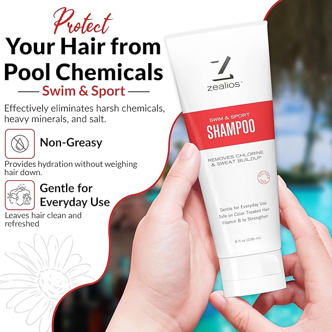 Zealios Sport Clarifying Shampoo, 8 oz Squeeze Tube for Extremely Damaged Hair, Pool Hair Repair & Protector - Sulfate-Free, Moisturizing Chlorine & Salt Removal, Color-Safe, Citrus Scent for Swimmers