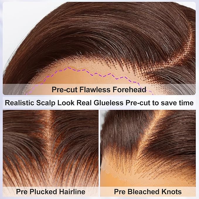 XZZ Chocolate Brown Wear and Go Glueless Wigs Human Hair Pre Plucked Pre Cut 16 Inch 9x6 Brown Bob Wig Human Hair Glueless HD Lace Closure Wig Short Bob Wig Bleached Knots 200% Density for Women