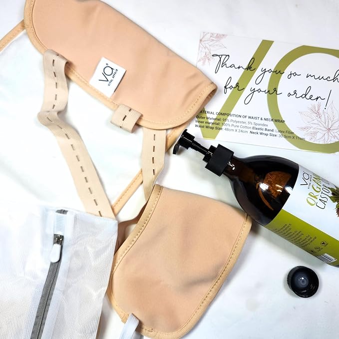 Pure Castor Oil Organic Cold-Pressed Unrefined Glass Bottle with 100% Cotton Flannel Wrap – Waist & Neck Castor Oil Packs Hexane-Free.