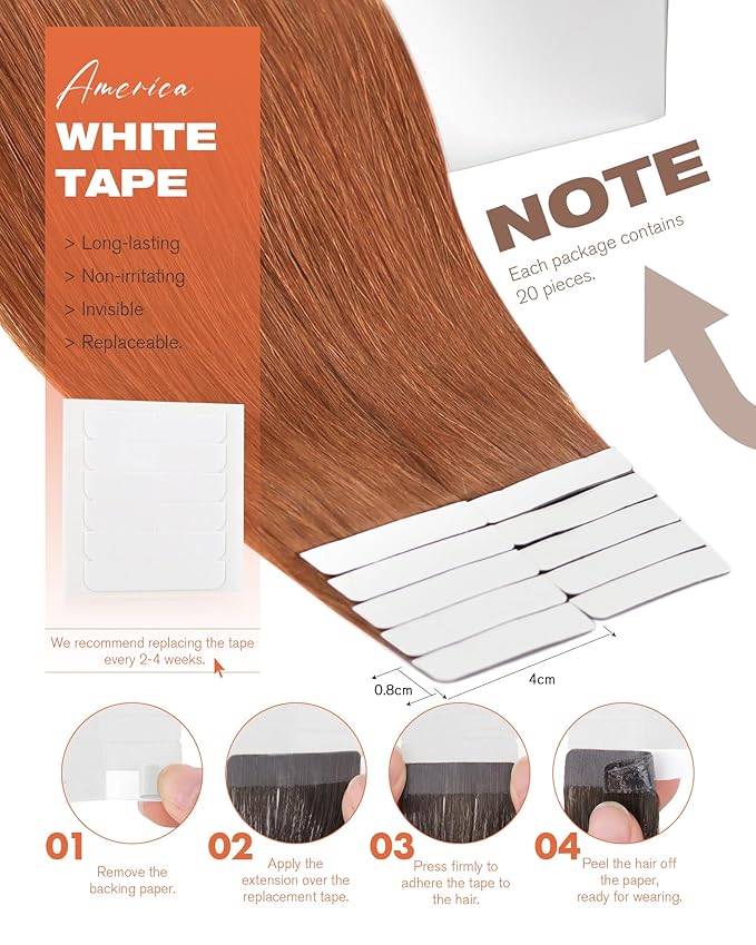 Sunny Hair Tape in Hair Extensions Real Human Hair Invisible Remy Hair Extensions Tape ins for Women Copper Red 18 inch 20Pcs 50G