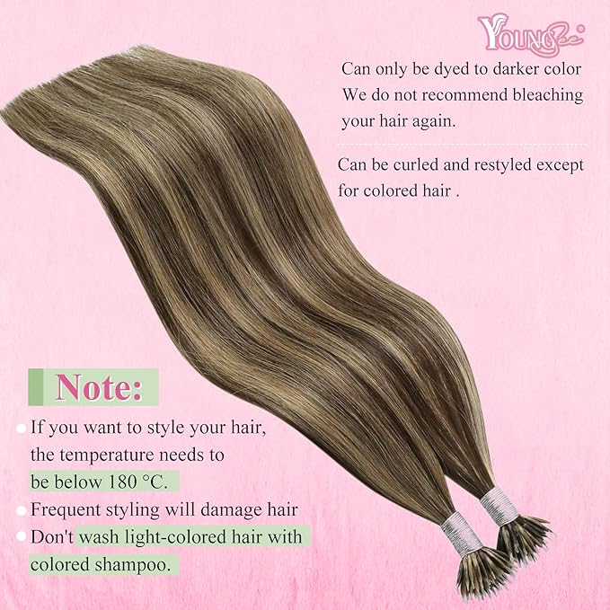 YoungSee Nano Hair Extensions Real Human Hair Brown Nano Beads Hair Extensions Human Hair Dark Brown Highlight Caramel Blonde for Long Hair Silky Straight Natural Looking 24in 50s 50g