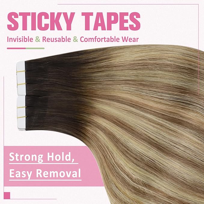 YoungSee Tape in Hair Extensions Human Hair Balayage Brown Hair Extensions Real Human Hair Tape in Dark Brown Ombre Medium Brown with Blonde Hair Tape in Extensions Remy Hair Extensions 14In 20pcs 50g
