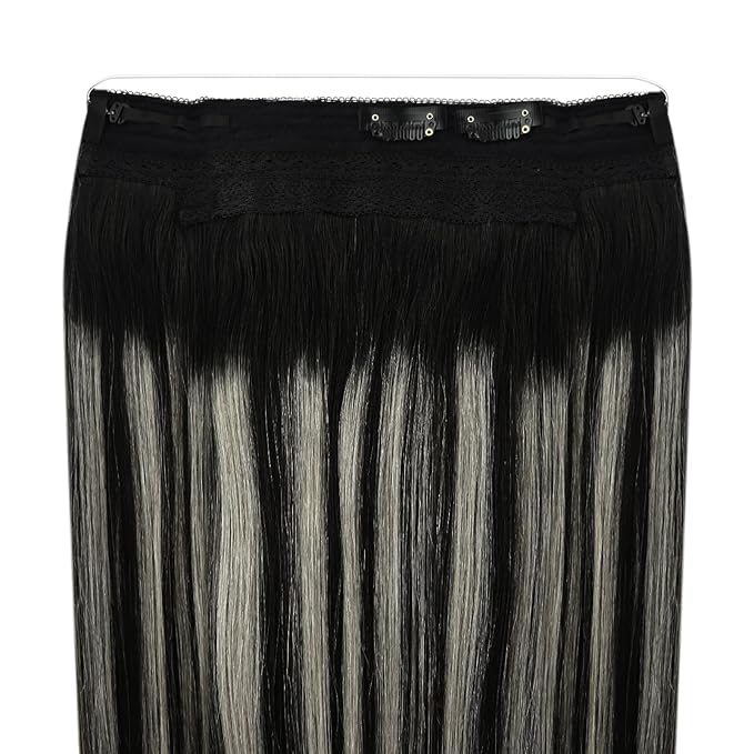 YoungSee Wire Hair Extensions Human Hair Can Be Adjusted for A Secure Fit Fish Line Human Hair Extensions Real Wire Hair Extensions Blend of Black and Silver with Black Roots 20In 100G