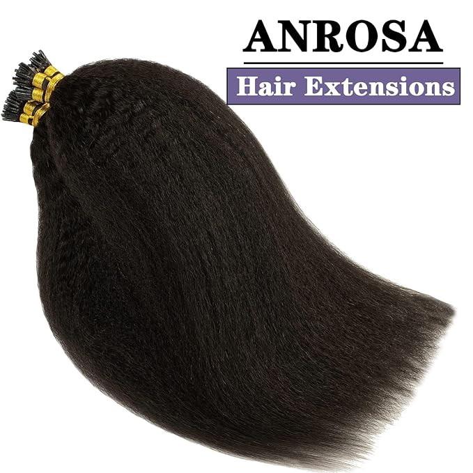 Anrosa I Tip Hair Extensions Human Hair Kinky Straight Pre Bonded Itip Real Human Hair Black Invisible Curly Natural Black Kinky Itip Human Hair Extensions For Black Women 18 Inch 50g
