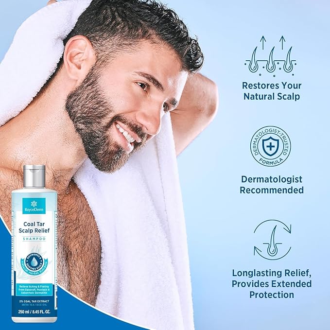 Roycederm Coal Tar Dandruff Shampoo: Extra Strength 2% Coal Tar Extract Medicated Gel for Rapid Scalp Hair Relief targets dandruff, psoriasis, and seborrheic dermatitis - Hydrating & Natural - 2 Pack