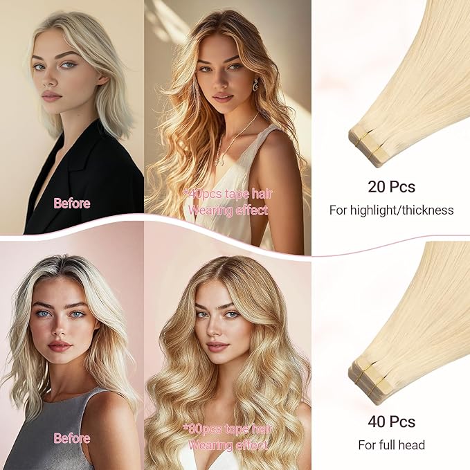 MAXITA Tape in Hair Extensions Human Hair Platinum Blonde 14 Inch 100g 40pcs Thick Ends Remy Seamless Straight Human Hair Extensions Invisible Tape in Extensions Human Hair
