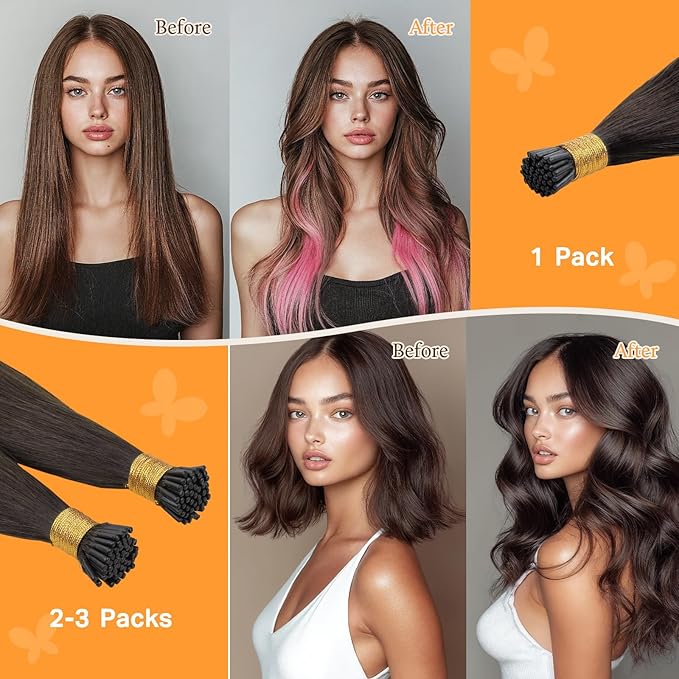 DOORES I Tips Hair Extensions - Real Human Hair, Light Dark Brown, 14 Inch, 50g/100s, ITip, Silky Straight, Cold Fusion