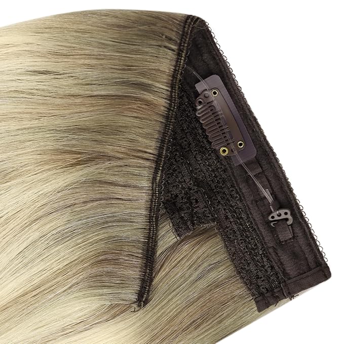 YoungSee Wire Hair Extensions Human Hair Ombre Blonde Wire Hair Extensions for Women Real Human Hair Balayage Ash Blonde Ombre Platinum Blonde Human Hair for Damaged Hair Repair 80G 14Inch