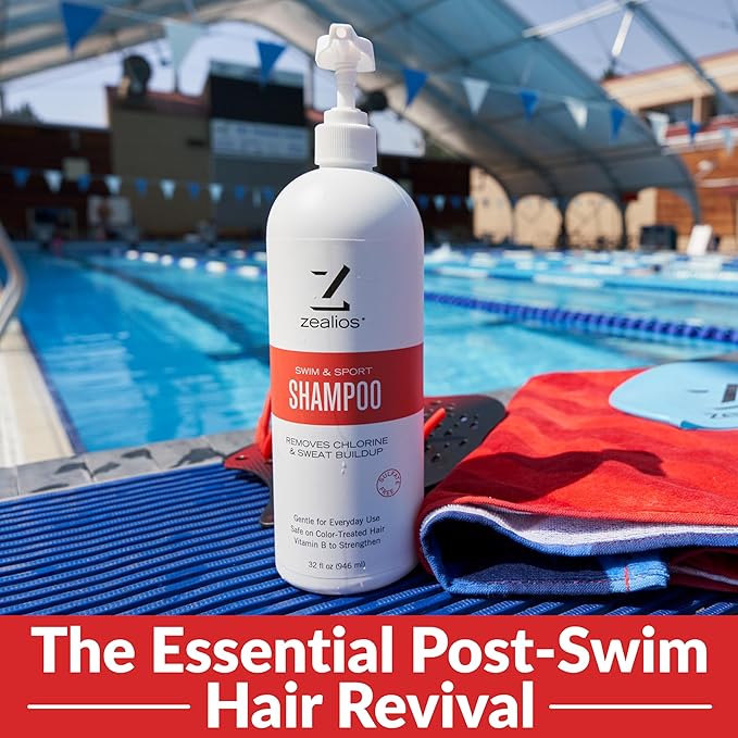 Zealios Sport Clarifying Shampoo, 32 oz Pump Bottle for Extremely Damaged Hair, Pool Hair Repair & Protector - Sulfate-Free, Moisturizing Chlorine & Salt Removal, Color-Safe, Citrus Scent for Swimmers