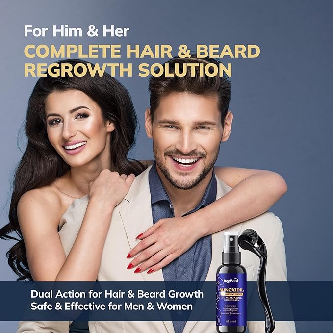 5% Minoxidil Kit for Men and Women with 0.25 mm Derma Roller – Beard Growth Kit & Hair Regrowth Spray – Targets Thinning Hairlines, Crowns & Patchy Beards – 60 mL
